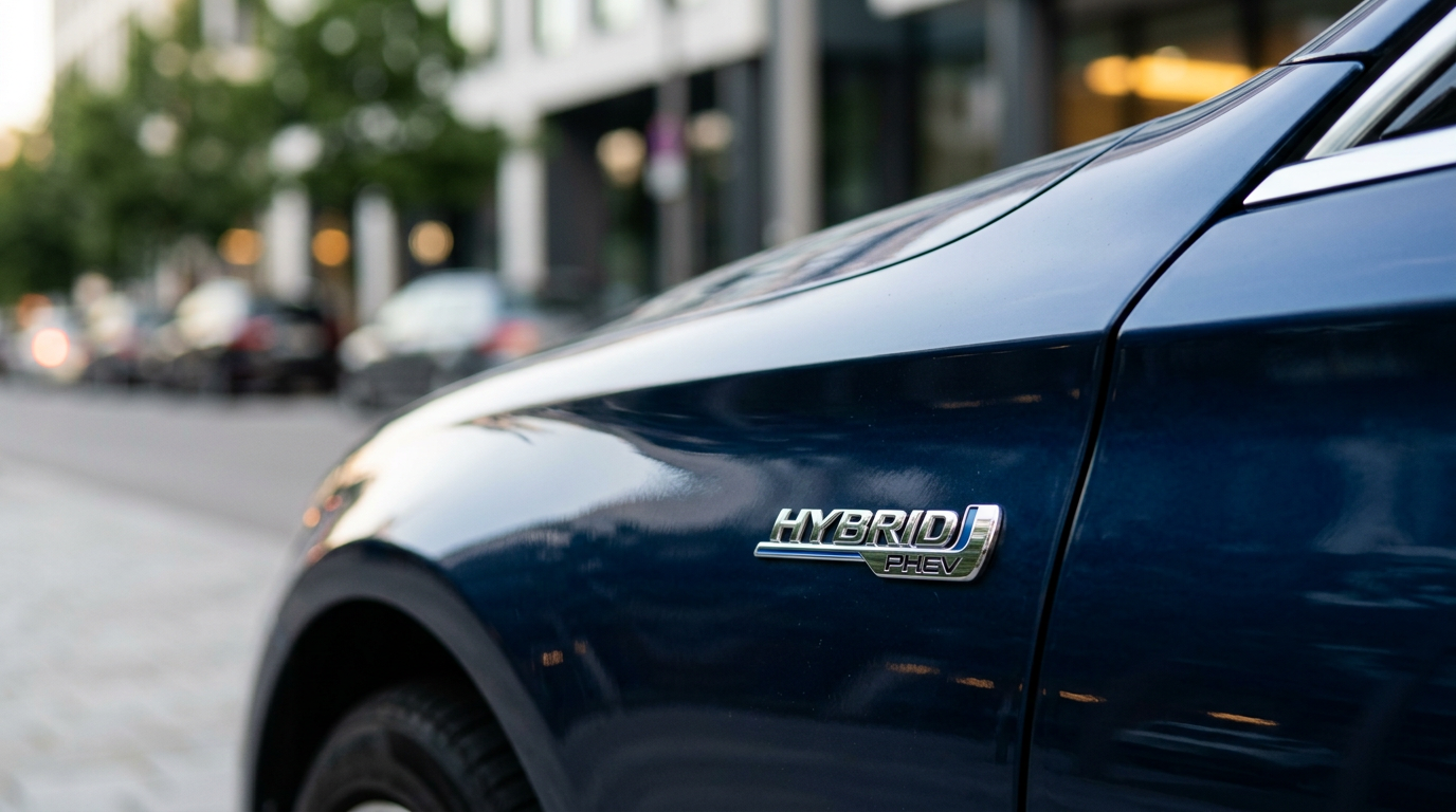 Hybrid badge on luxury car